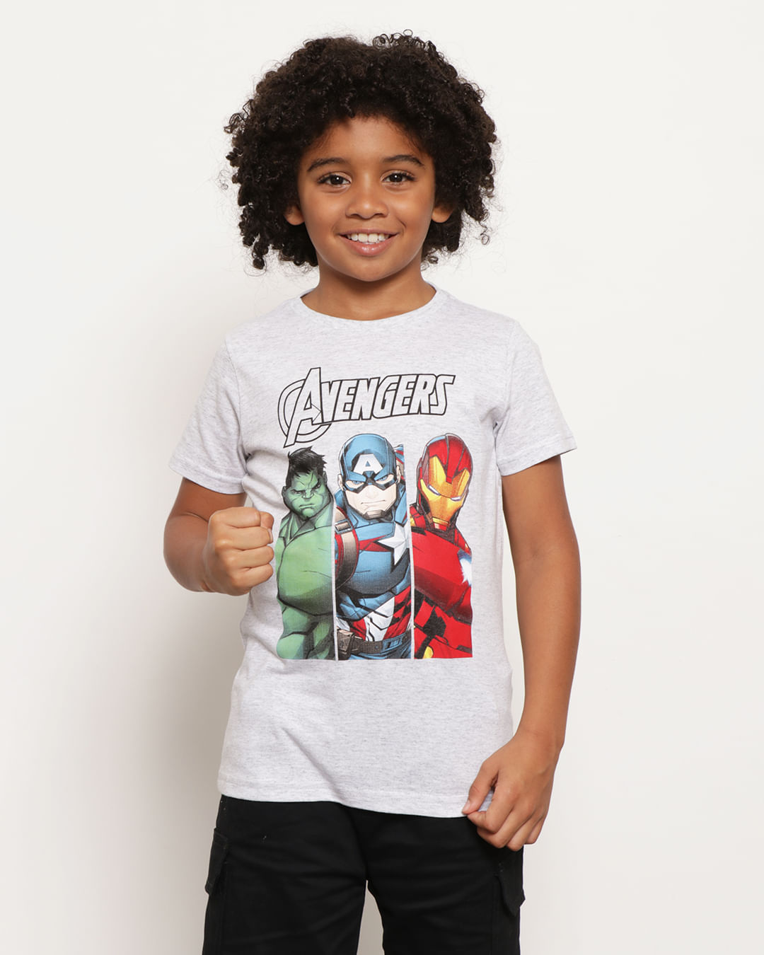 Camiseta Infantil Manga Curta Os Vingadores + Brinde Pião Cinza
